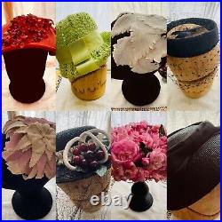 10 VINTAGE HATS Flowers Cherries Feathers Silk Velvet ASSORTED STYLES Lot