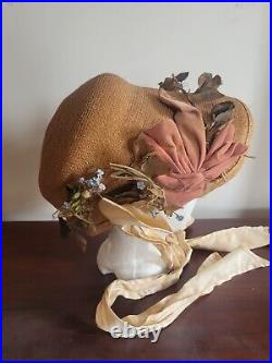 1800's Hand Woven Straw Silk Ruffle Lined Bonnet Flowers & Velvet Bow Details