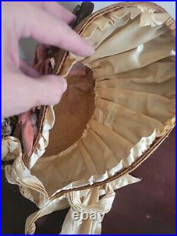 1800's Hand Woven Straw Silk Ruffle Lined Bonnet Flowers & Velvet Bow Details