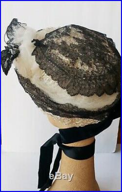 1800s Edwardian Bonnet Hat White Black Straw Flowers Lace Velvet Sash Malin