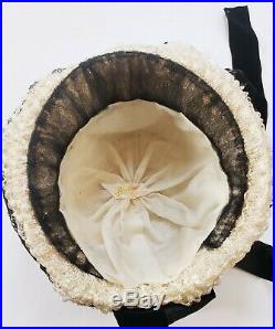 1800s Edwardian Bonnet Hat White Black Straw Flowers Lace Velvet Sash Malin