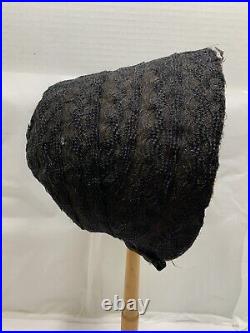 1800s era bonnet Capote Hat Ladies Museum Black Lace Stiff Form Chin Strap