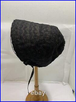 1800s era bonnet Capote Hat Ladies Museum Black Lace Stiff Form Chin Strap