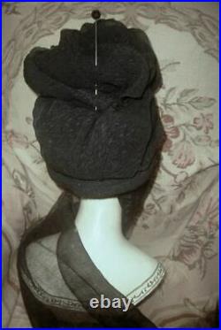 1880s Antique Victorian Mourning Turban Hat Silk Crepe w Scarf, Jet, Bustle Era VG