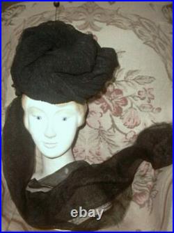 1880s Antique Victorian Mourning Turban Hat Silk Crepe w Scarf, Jet, Bustle Era VG