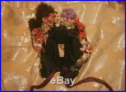 1880s Mme Virot Paris Victorian Bonnet Flowers Plume Hat Chapeau French Bustle