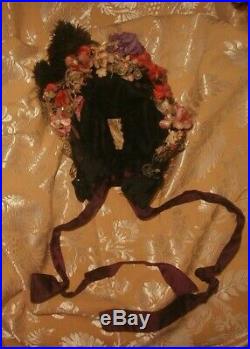 1880s Mme Virot Paris Victorian Bonnet Flowers Plume Hat Chapeau French Bustle