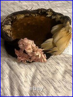 1897 brown velvet and brown & beige feathers with pink flowers hat