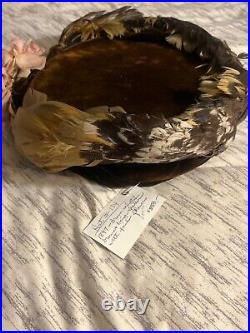 1897 brown velvet and brown & beige feathers with pink flowers hat