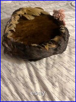 1897 brown velvet and brown & beige feathers with pink flowers hat