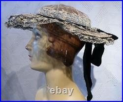 1900-05 All Silk Lace & Embroidered Silk Tulle Hat Edwardian Romantic