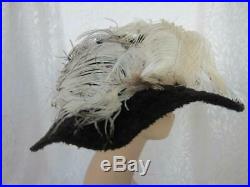 1900 -1910 Edwardian True Antique Ladies Hat Plush Fur Beaverette Ostrich Plume