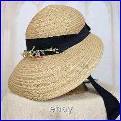 1900s Antique Victorian Edwardian Wicker Bonnet Hat Ribbon Cap Wide Brim