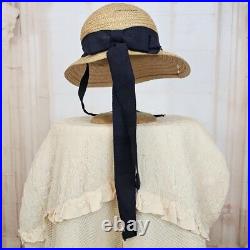 1900s Antique Victorian Edwardian Wicker Bonnet Hat Ribbon Cap Wide Brim