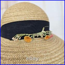 1900s Antique Victorian Edwardian Wicker Bonnet Hat Ribbon Cap Wide Brim