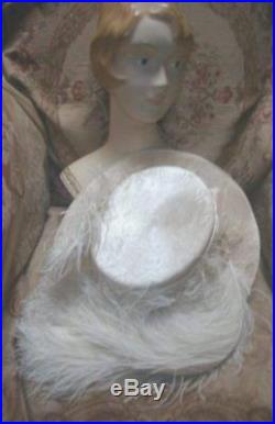 1910 Edwardian PARIS Hat CAMILLE ROGER Cream Silk Plush w Ostrich Plumes & Jewel