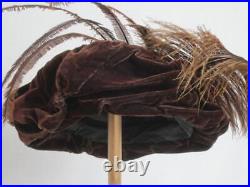 1910 Edwardian True Antique Ladies Hat Brown Velvet Ostrich Plume, Feathers