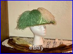 1910s Edwardian Hat Merry Widow Titanic Era Green Vintage Millinery Feathers
