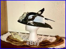 1910s Edwardian Hat Titanic Era Wide Brim Millinery Flowers Bird Taxidermy