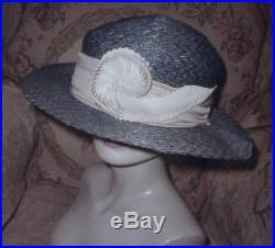 1912 Edwardian Sea Blue Beach Hat Straw Wide Brim w Cream Cockade & Sash XL 24