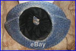 1912 Edwardian Sea Blue Beach Hat Straw Wide Brim w Cream Cockade & Sash XL 24