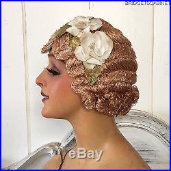 1920'S Art Deco Paris Original Flapper Evening Wig Cloche Hair Mocha Flowers
