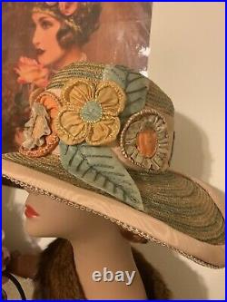 1920's Antique Vintage Gage Brothers Wide Brim Straw With appliqués