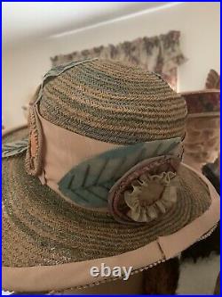 1920's Antique Vintage Gage Brothers Wide Brim Straw With appliqués