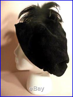 1920's Deco Era Flapper Cloche velvet Hat Black Glass beaded flower Feathers