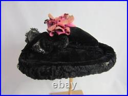1920's True Antique Ladies Hat Black Velvet, Faux Curly Lamb Unique Shape