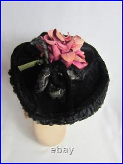 1920's True Antique Ladies Hat Black Velvet, Faux Curly Lamb Unique Shape