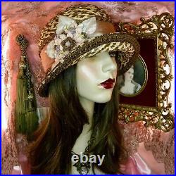 1920's Vintage Style Beige & Brown Antique Ribbon Work Cloche Flapper Hat