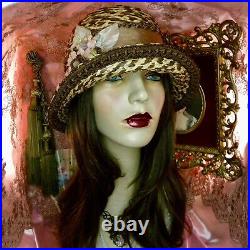 1920's Vintage Style Beige & Brown Antique Ribbon Work Cloche Flapper Hat