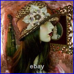 1920's Vintage Style Beige & Brown Antique Ribbon Work Cloche Flapper Hat