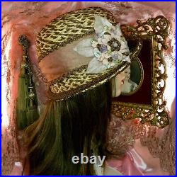 1920's Vintage Style Beige & Brown Antique Ribbon Work Cloche Flapper Hat