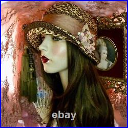 1920's Vintage Style Beige & Brown Antique Ribbon Work Cloche Flapper Hat