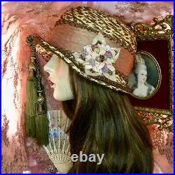 1920's Vintage Style Beige & Brown Antique Ribbon Work Cloche Flapper Hat