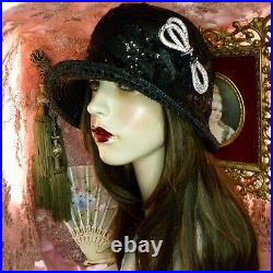 1920's Vintage Style Black Sequined & Jeweled Cloche Flapper Hat