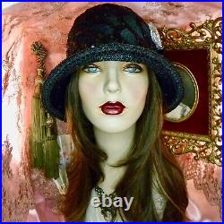 1920's Vintage Style Black Sequined & Jeweled Cloche Flapper Hat