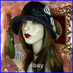 1920's Vintage Style Black Sequined & Jeweled Cloche Flapper Hat