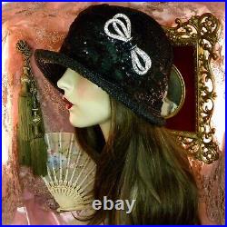 1920's Vintage Style Black Sequined & Jeweled Cloche Flapper Hat