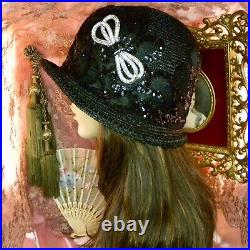 1920's Vintage Style Black Sequined & Jeweled Cloche Flapper Hat