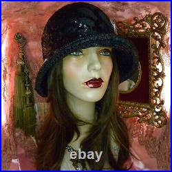 1920's Vintage Style Black Sequined & Jeweled Cloche Flapper Hat