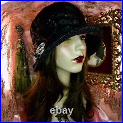 1920's Vintage Style Black Sequined & Jeweled Cloche Flapper Hat