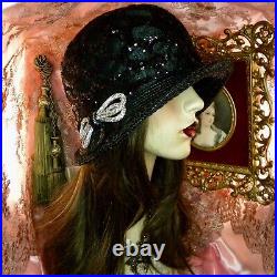 1920's Vintage Style Black Sequined & Jeweled Cloche Flapper Hat