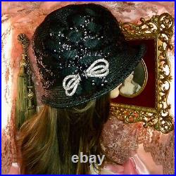 1920's Vintage Style Black Sequined & Jeweled Cloche Flapper Hat