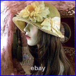 1920's Vintage Style Yellow Rhinestone Flower Cloche Flapper Hat