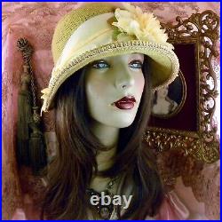 1920's Vintage Style Yellow Rhinestone Flower Cloche Flapper Hat