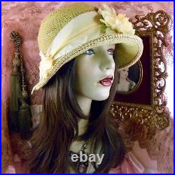 1920's Vintage Style Yellow Rhinestone Flower Cloche Flapper Hat