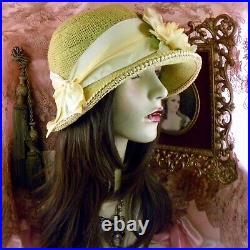 1920's Vintage Style Yellow Rhinestone Flower Cloche Flapper Hat